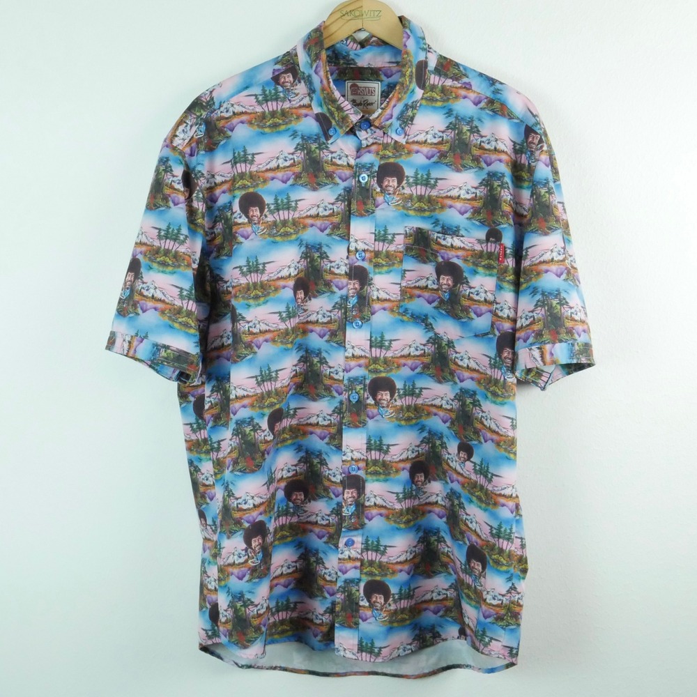 RSVLTS Bob Ross Happy Little Trees Kunuflex Short Sleeve Shirt Mens XL Blue